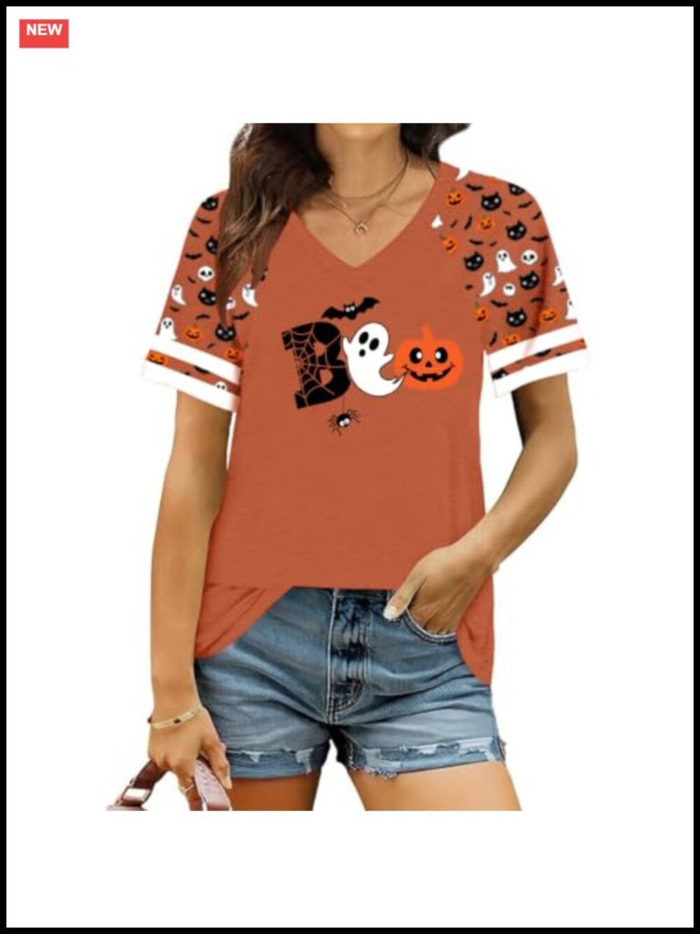 Women's Halloween V-Neck T-Shirt Ghost Pumpkin Spooky Short Sleeve Fall Top